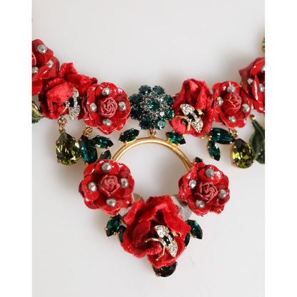 Dolce & Gabbana Red Rose Floral Crystal Embellished Statement Jewelry Necklace