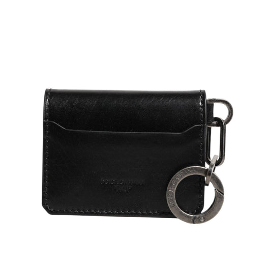 Dolce & Gabbana Wallet Black Leather Logo Embossed Key Chain Card Holder Wallet with attached keychain and made in Italy.