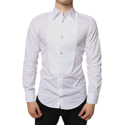 Dolce & Gabbana White Bib Cotton Poplin Formal Dress Shirt with contrasting buttons, slim fit, made in Italy.