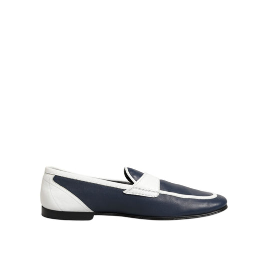 Dolce & Gabbana White Blue Leather Slip On Loafers Men Formal Shoes