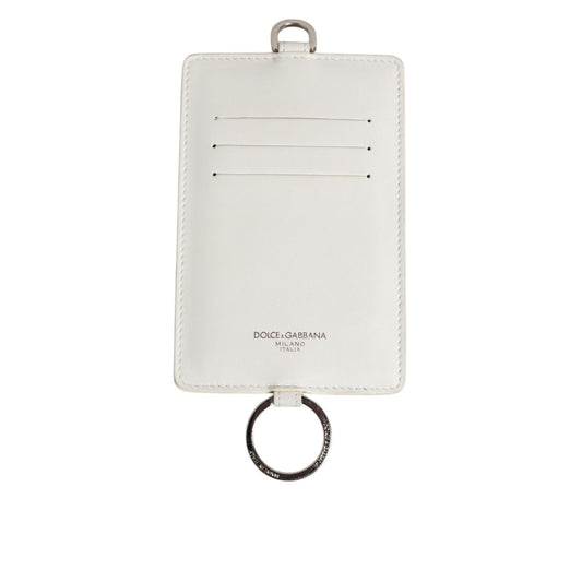 Dolce & Gabbana White Calf Leather Lanyard Logo Card Holder Men Wallet with zip closure and card slots.