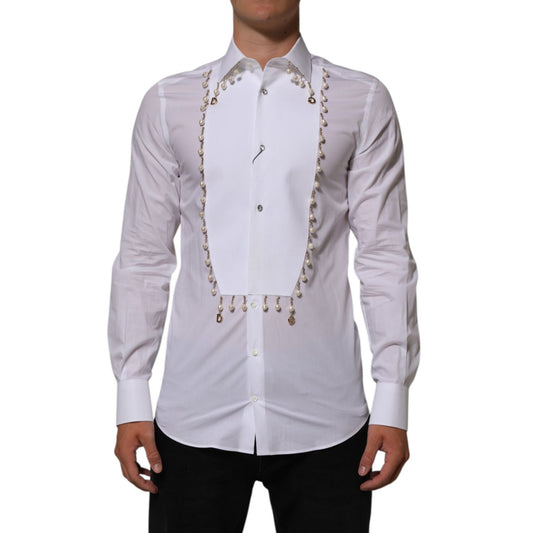 Dolce & Gabbana White Cotton DG Logo Pearl GOLD Formal Shirt with gold-tone chain and faux pearl details, slim fit, long sleeves.