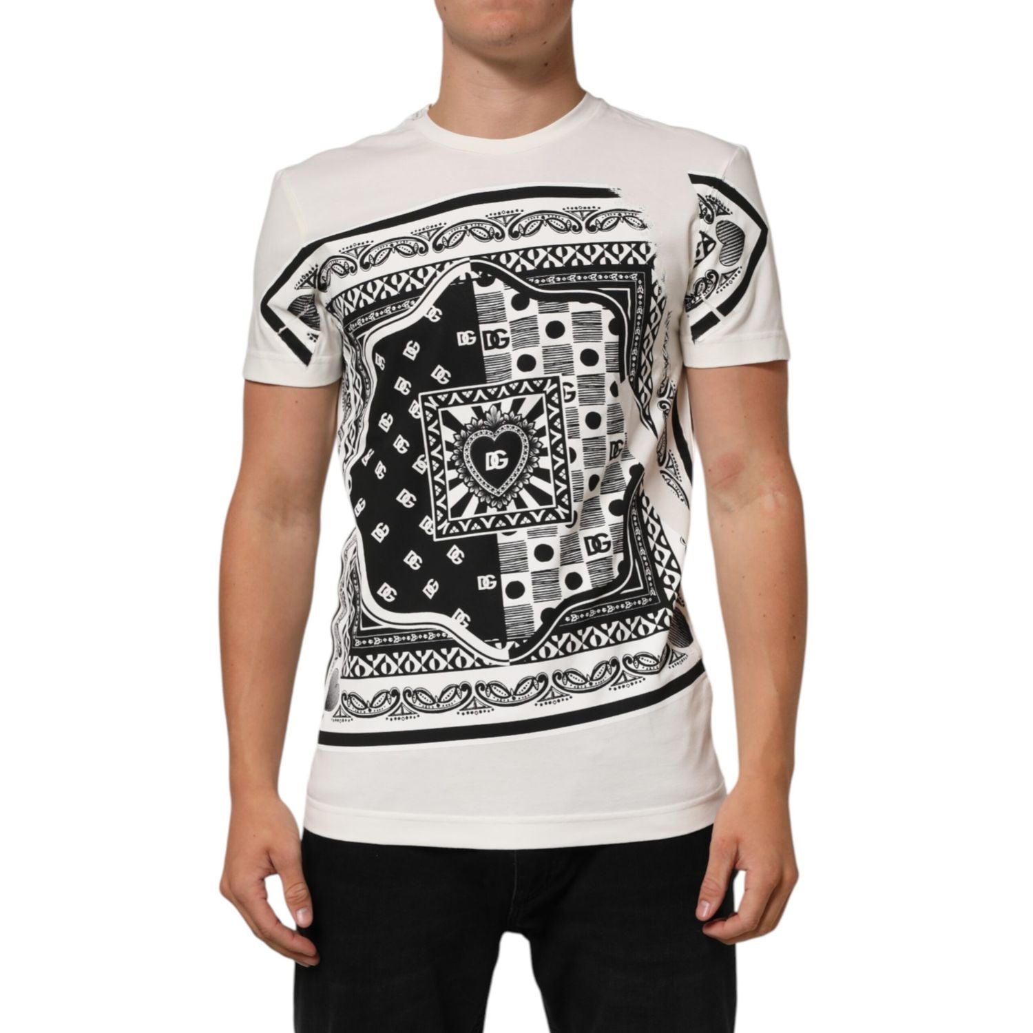 Dolce & Gabbana White Cotton Logo Bandana Print Men T-shirt