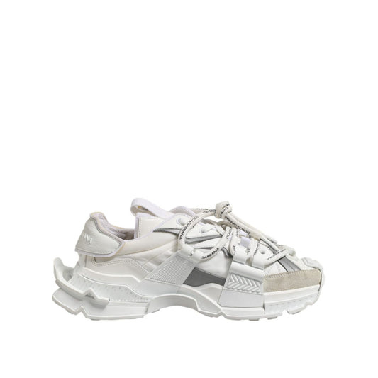 Dolce & Gabbana White Gray Low Top Space Sneakers Shoes with lace-up closure, polyester and lamb leather, rubber sole, made in Italy.