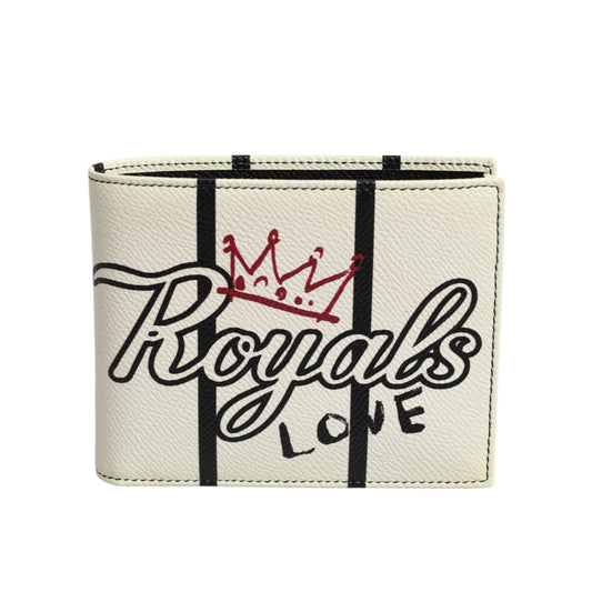 Dolce & Gabbana White Leather DG Crown Royals Bifold Card Holder Wallet with graphic print of crown and 'Royals Love' text