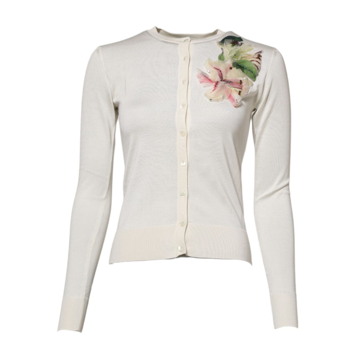 Dolce & Gabbana White Silk Lily Embellished Cardigan Sweater