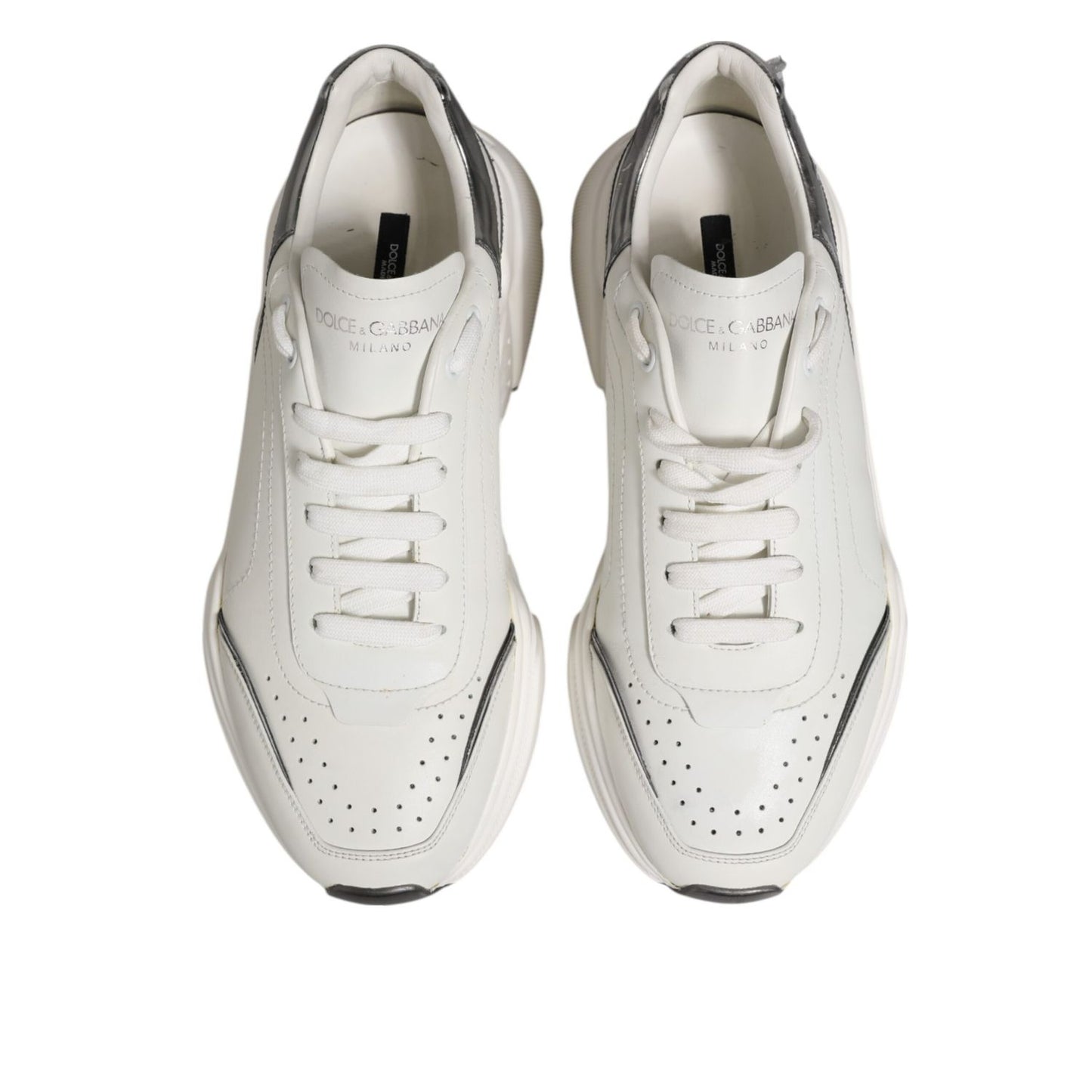 Dolce & Gabbana White Silver DAYMASTER Leather Men Sneakers Shoes, made in Italy with a stylish low-top design and lace-up closure.