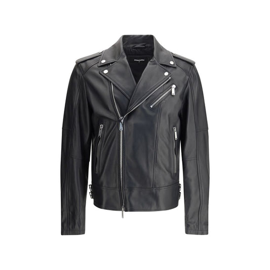 Dsquared² Black Calf Leather Bos Taurus Biker Jacket with lapel collar, double-breasted zipper, and buckle straps.