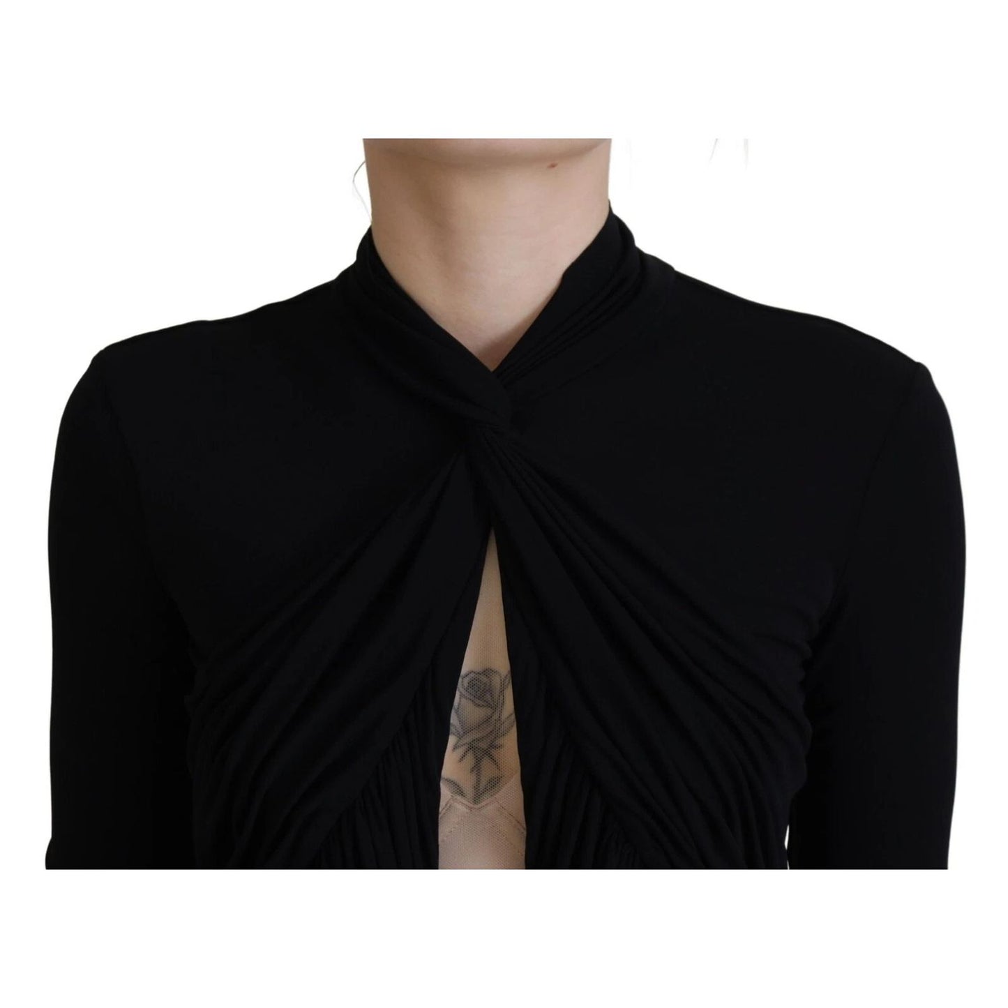 Close-up of Dsquared² Black Viscose Long Sleeves Cut Out Mini Dress showing detailed fabric and cut-out design.