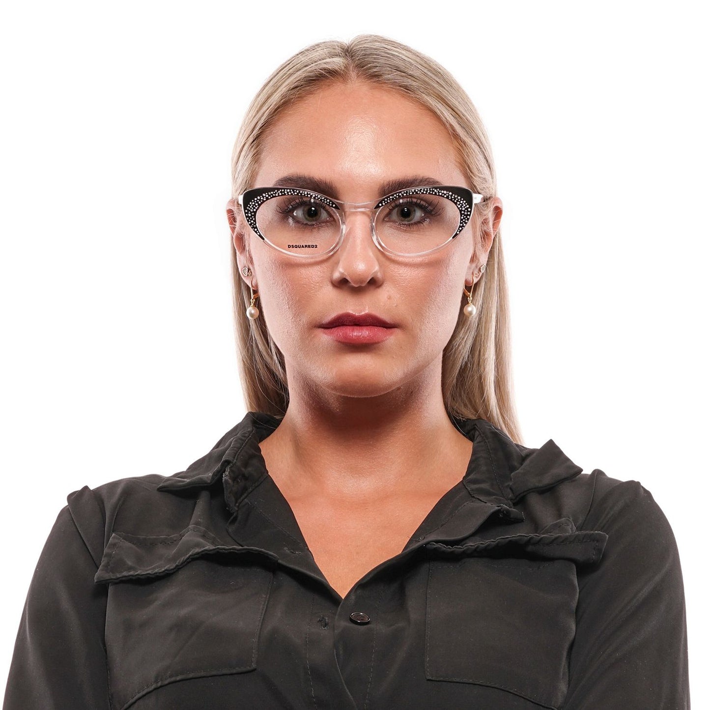 Woman wearing Dsquared² Chic Black Full-Rim Designer Eyewear with sleek black finish and sophisticated style.
