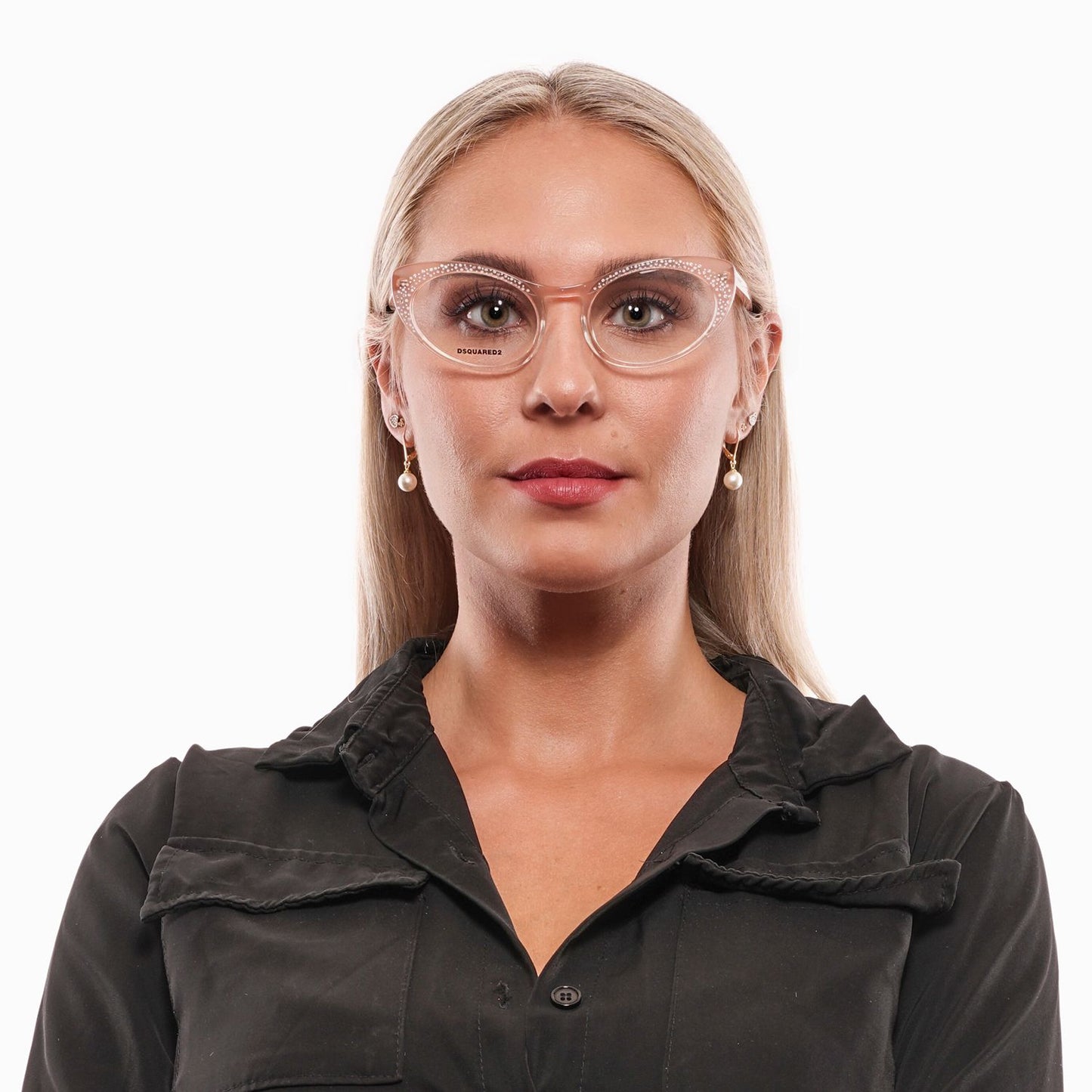 Woman wearing Dsquared² Chic Rose-Tinted Designer Eyewear with rose-colored frames, showing elegance and sophistication.
