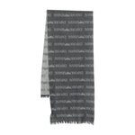 Emporio Armani Wool blend scarf with navy blue logo pattern, fringed edges, rectangular shape, 185cm length, and 44cm width.