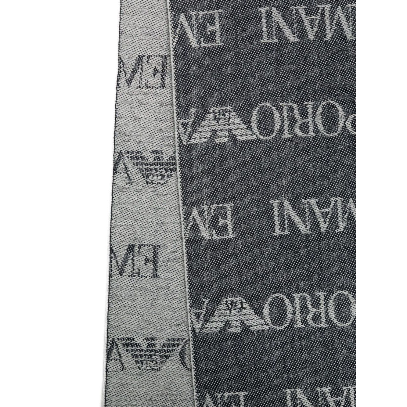 Navy blue Emporio Armani Wool blend scarf with logo pattern and fringed edges, rectangular shape, 185cm x 44cm size.