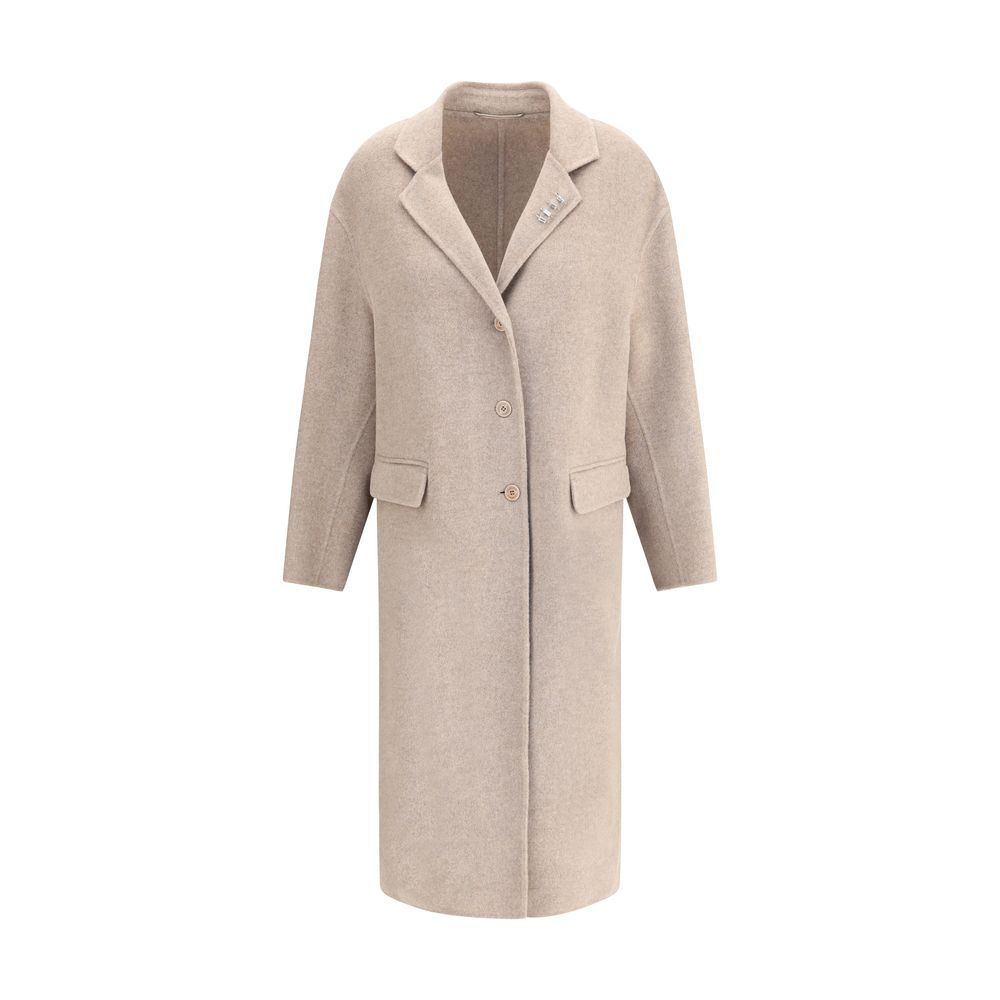 Alt Tag: Ermanno Scervino Beige Wool Coat with lapels, V-neckline, and rhinestone pins, above-ankle length, AW25 elegant outerwear.