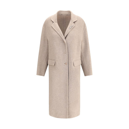 Alt Tag: Ermanno Scervino Beige Wool Coat with lapels, V-neckline, and rhinestone pins, above-ankle length, AW25 elegant outerwear.