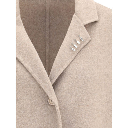 Ermanno Scervino Beige Wool Coat with rhinestone pins and classic lapels, highlighting elegance and craftsmanship.