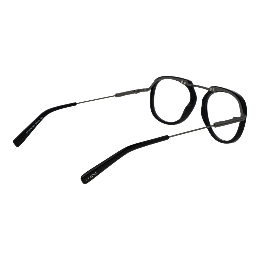 Ermenegildo Zegna Black Men Glasses Frame - round full-rim black plastic with demo lenses, includes branded case, size 52-18-150.