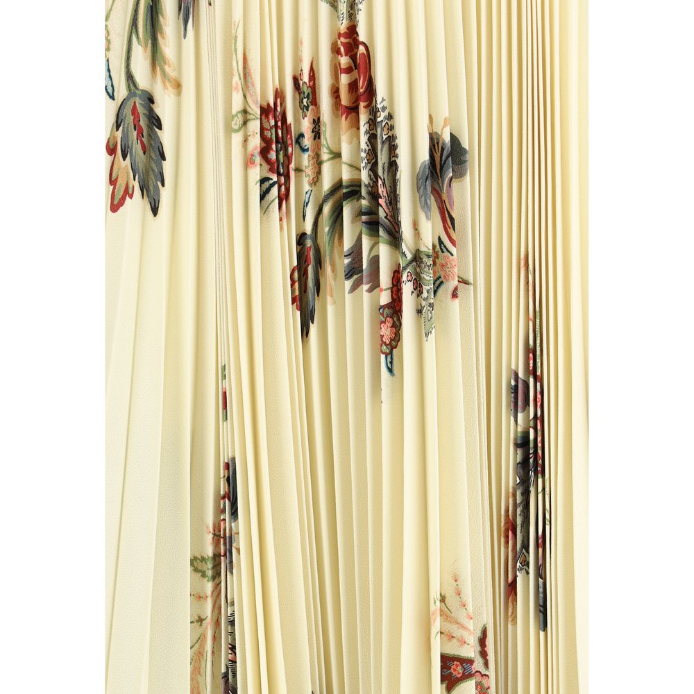 Etro Yellow Polyester Midi Skirt with floral print and pleated design, highlighting lightweight sablé fabric for a feminine look.
