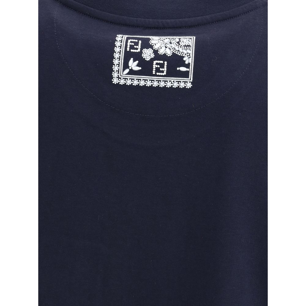Fendi Blue Cotton T-Shirt with distinctive bandana print on pocket and iconic monogram patch for contemporary style, AW25 collection.