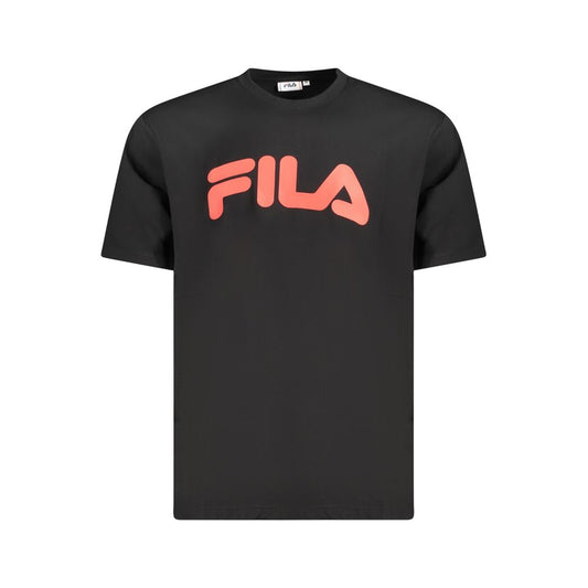 Fila Black Cotton Men T-Shirt with iconic red logo on front, loose-fitting, made from 100% cotton for comfort and urban style.