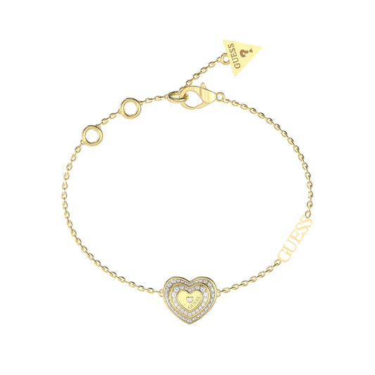 GUESS JEWELS JEWELRY Mod. JUBB04031JWYGS heart-shaped gold bracelet with charm and see-through chain