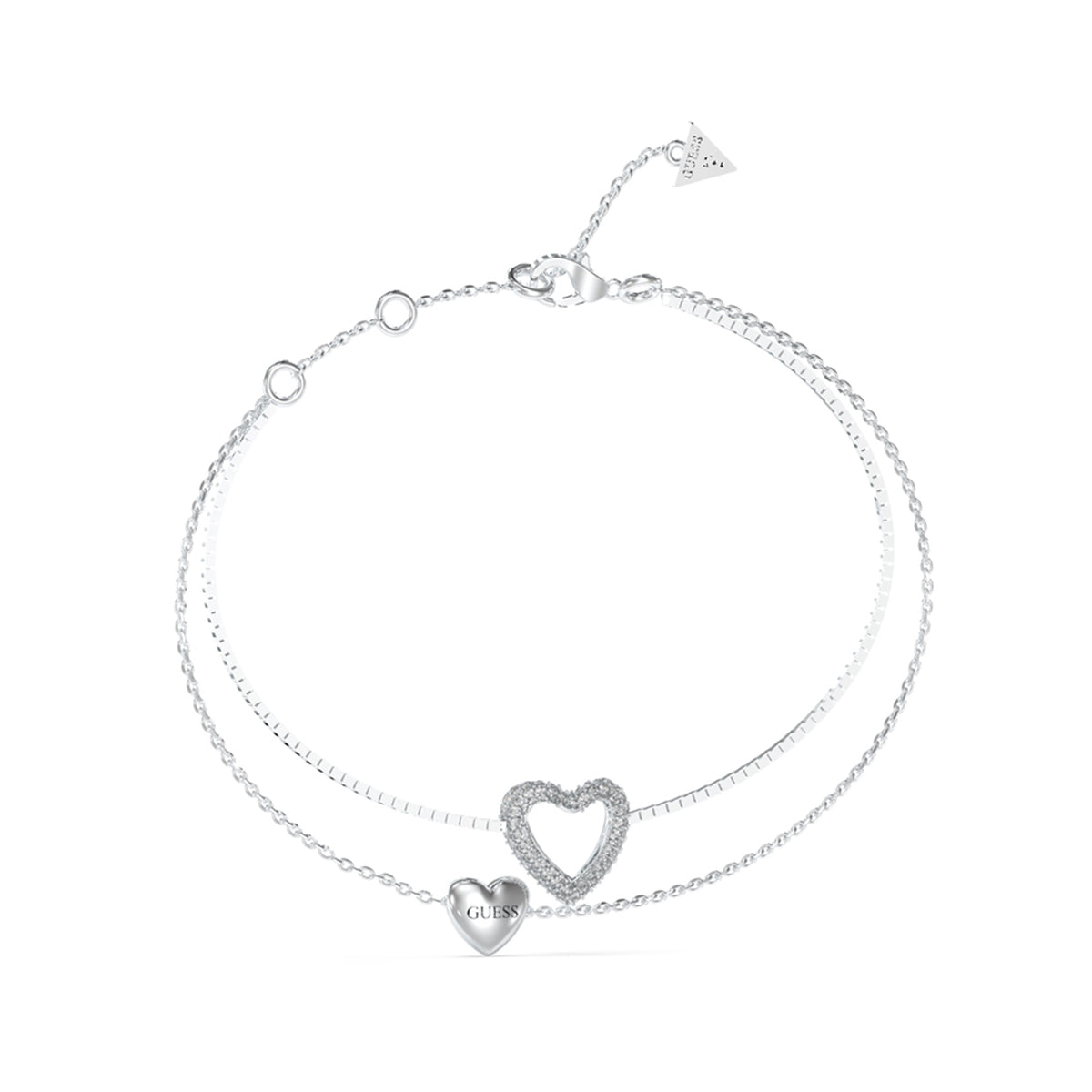 Silver bracelet with heart charms by GUESS JEWELS JEWELRY Mod. JUBB05027JWRHS, showcasing elegance and style in jewelry design.