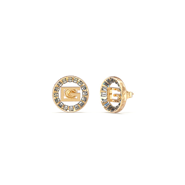 Elegant earrings from GUESS JEWELS JEWELRY Mod. JUBE03014JWYGT-U in gold with crystal accents on white background.
