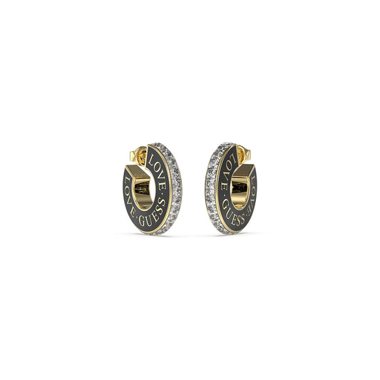 Alt Tag: GUESS JEWELS JEWELRY Mod. JUBE04083JWYGBKT-U gold and black hoop earrings with crystal accents