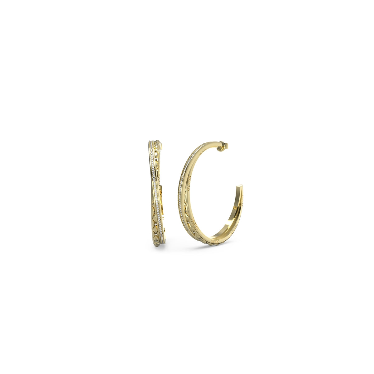 Alt Tag: GUESS JEWELS JEWELRY Mod. JUBE04585JWYGT-U gold hoop earrings with intricate design