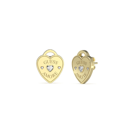 GUESS JEWELS JEWELRY Mod. JUBE05058JWYGT-U heart-shaped gold earrings with "GUESS AMORE" engraving and crystal accents