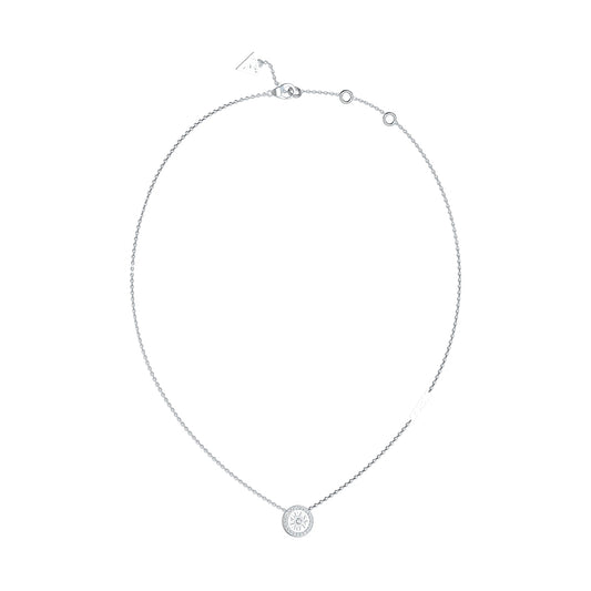 GUESS JEWELS JEWELRY Mod. JUBN04080JWRHT-U silver necklace with circular pendant on white background.