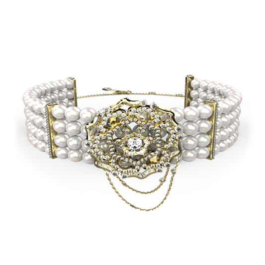 Luxurious multi-strand pearl bracelet with intricate gold and diamond centerpiece, enhancing elegance and luxury.