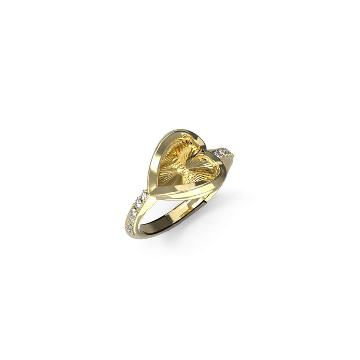 Gold heart ring with diamond accents.