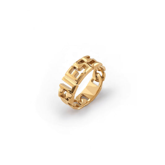 GUESS JEWELS JEWELRY Mod. JUMR03206JWYGBK64 gold ring featuring a bold and intricate design.