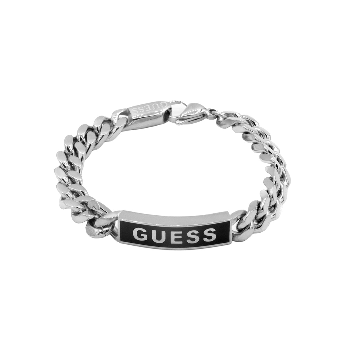 GUESS JEWELS JEWELRY Mod. JUXB03002JWSTBKS silver chain bracelet with black tag featuring the word 'GUESS'