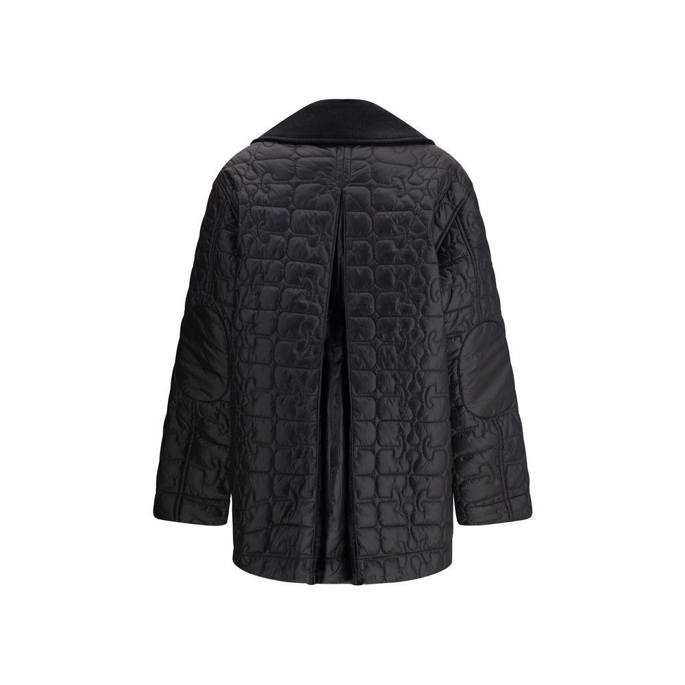 Ganni Gray Nylon Coat with quilted design and wide corduroy collar, back view