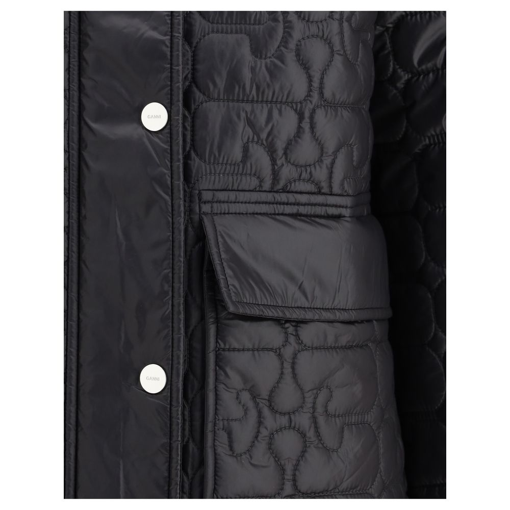 Close-up of Ganni Gray Nylon Coat with quilted design and front snaps.