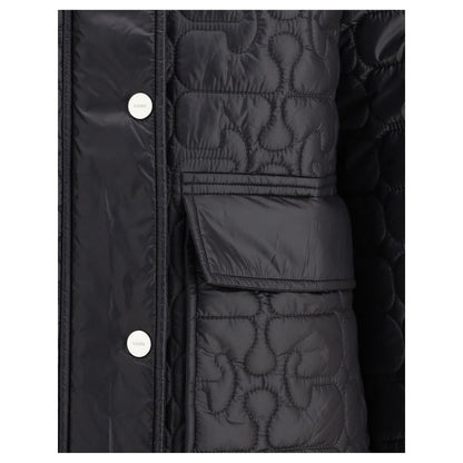 Close-up of Ganni Gray Nylon Coat with quilted design and front snaps.
