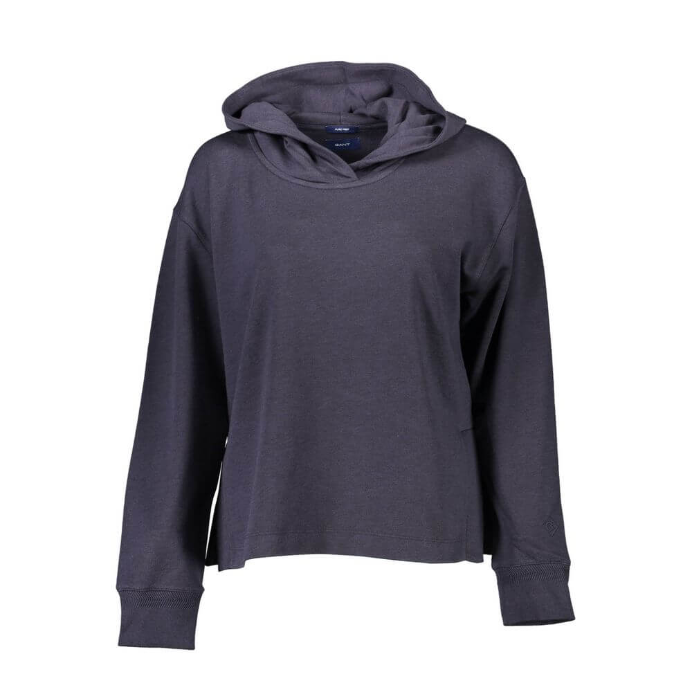 Gant Blue Cotton Women Sweater with hood and side slits, featuring iconic Gant logo, perfect for casual elegance and bold expression.