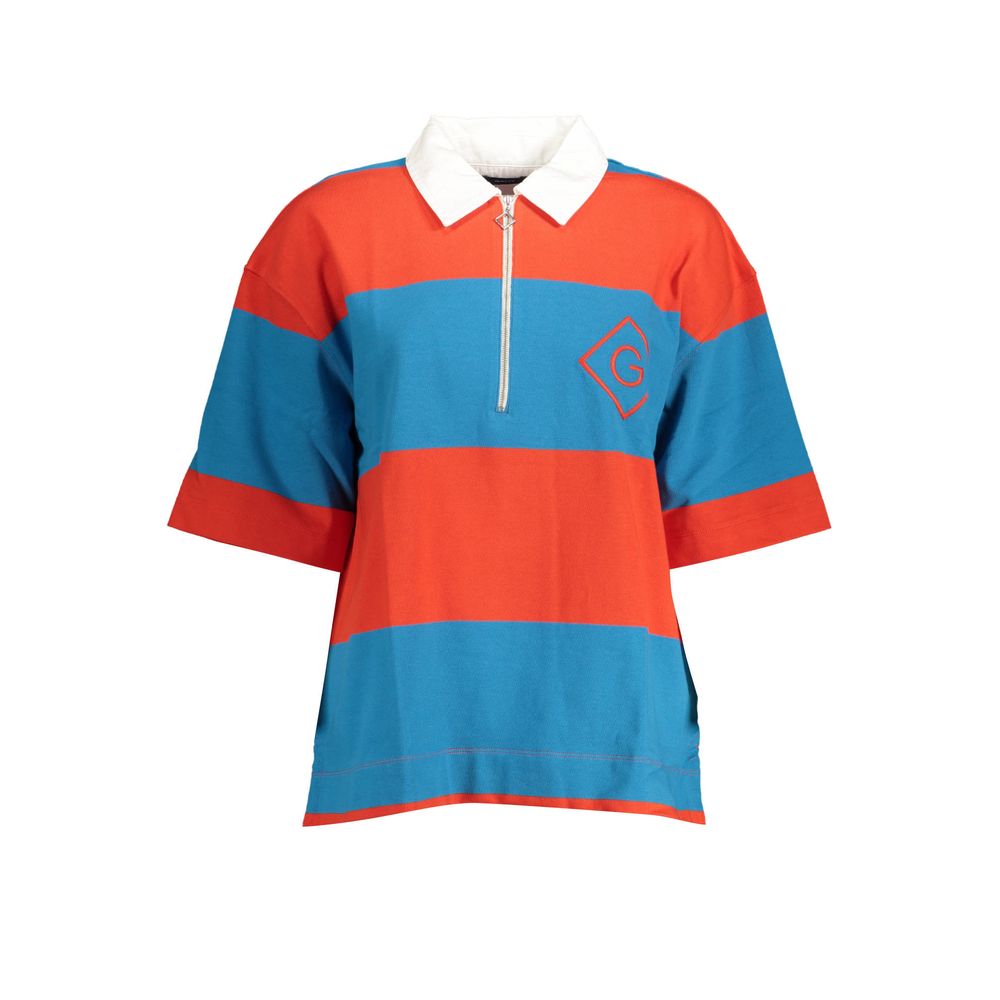 Gant Red Cotton Women Polo Shirt with blue horizontal stripes and zipper on front, featuring signature logo embroidery, casual chic style.