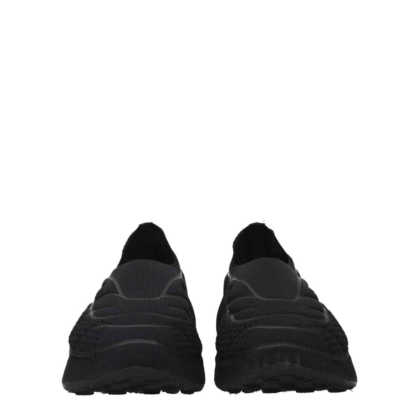 Givenchy Black Fabric Slip-On Loafers with side logo, round toe, mid heels, casual style, and fabric sole, front view.