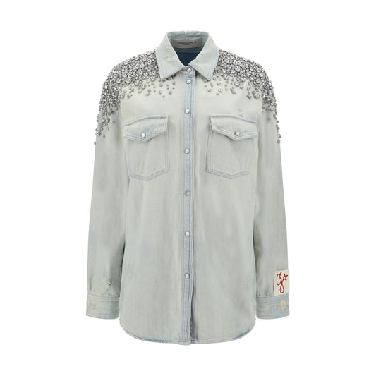 Golden Goose Blue Denim Shirt with beaded appliqués, pearl snap buttons, and oversized fit, 100% cotton, AW25 season.