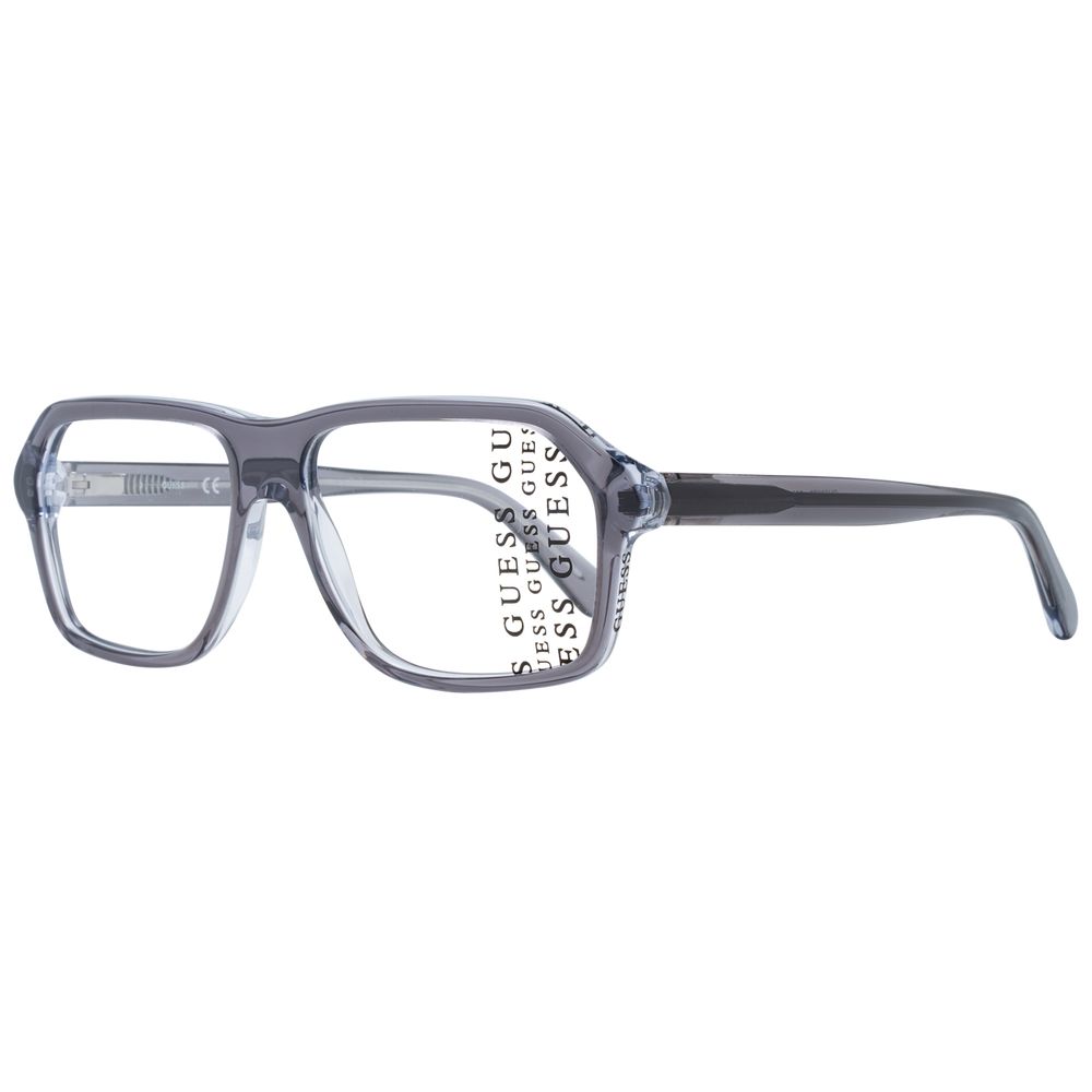 Guess Gray Men Glasses Frame in gray plastic full-rim style; rectangle frames with 55mm demo lenses and 145mm temples.