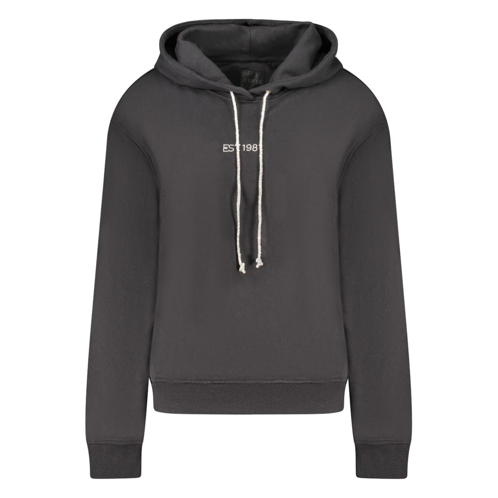 Guess Jeans Black Cotton Women Sweater with rhinestone details and bold print, long sleeve hoodie for comfort and sustainable style.
