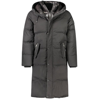 Guess Jeans Black Polyester Men Jacket with hood, water-resistant exterior, double zipper, and practical pockets.