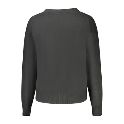 Back view of Guess Jeans Black Polyester Women Cardigan with long sleeves and ribbed details.