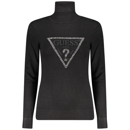 Guess Jeans Black Viscose Women Sweater with rhinestone embroidery and turtleneck design, sophisticated and chic fashion statement.