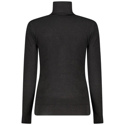 Guess Jeans Black Viscose Women Sweater with turtleneck and embroidery, back view.