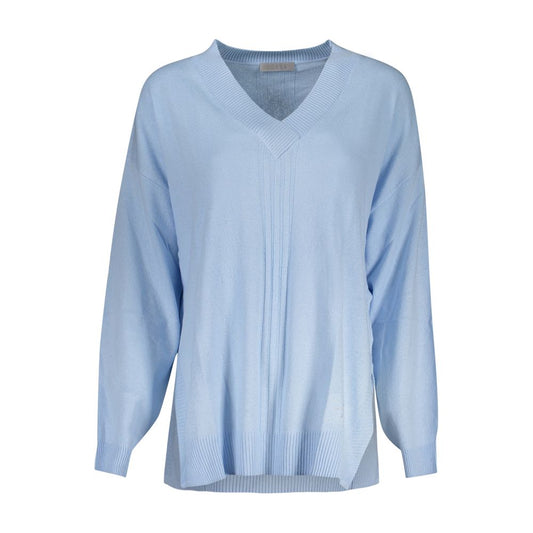 Guess Jeans Blue Cotton Sweater with V-neck and contrasting details, long sleeves, featuring the iconic logo.