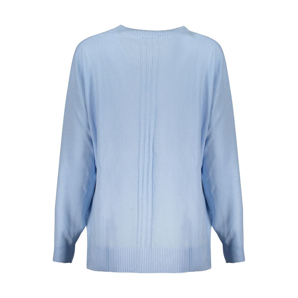 Guess Jeans Blue Cotton Sweater with long sleeves and V-neck featuring contrasting details and logo.